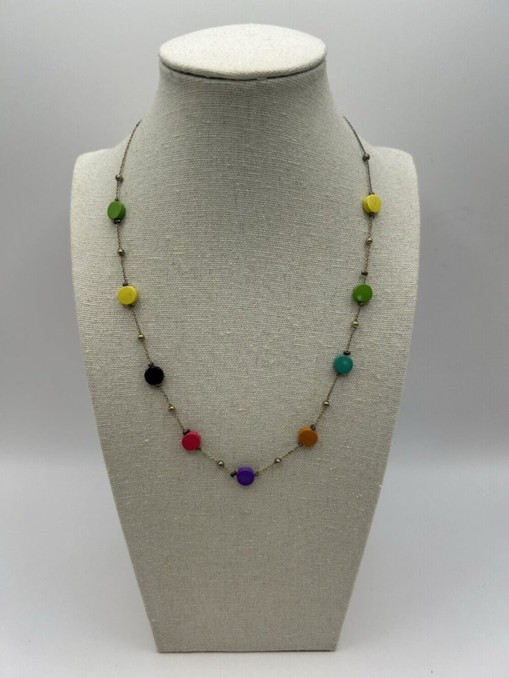 Vintage Colorful Painted Metal Bead Necklace Gold Tone Chain Boho Mod Retro Fun - Picture 1 of 16